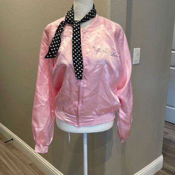 Grease Pink Satin Ladies Jacket With Polka Dot Scarf Costume - Picture 1 of 2